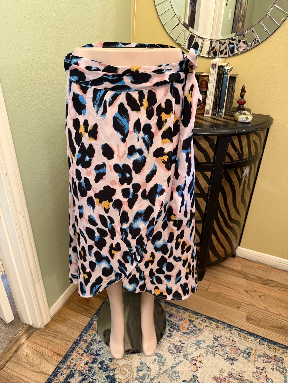 Pink Leopard Print Midi Skirt with Black and Blue Spots